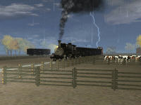 Leased D&RGW 452 heads past the stock pens at Ridgway.